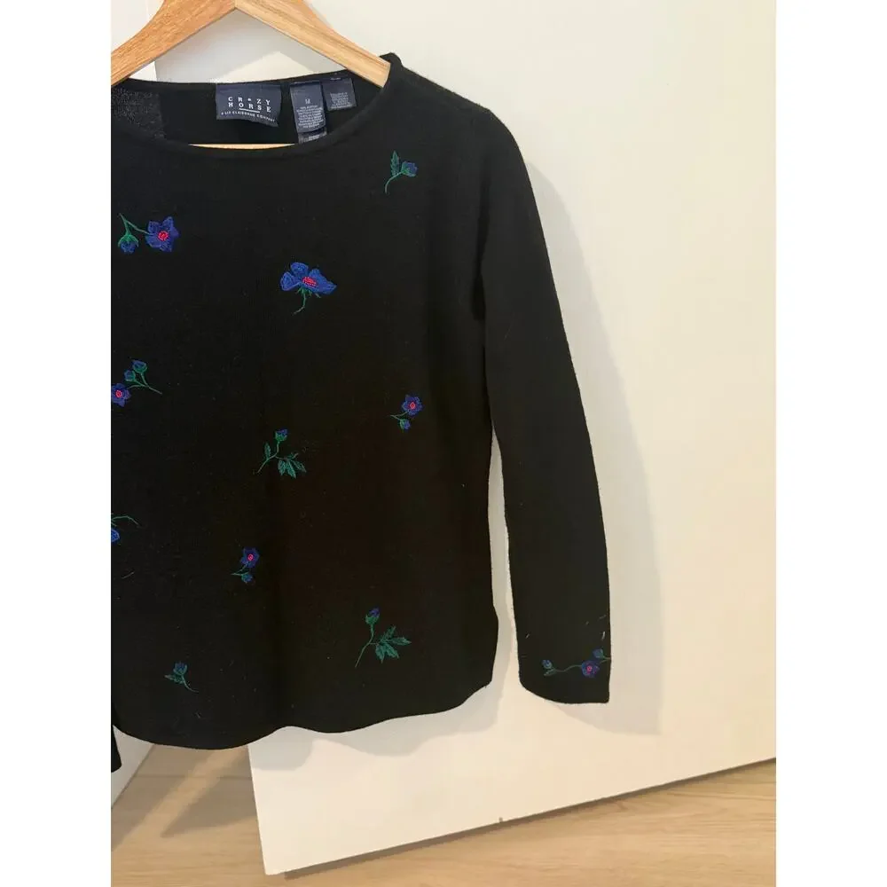 Vintage Crazy Horse Liz Claiborne Floral Embroidered Black Sweater M ✨‎